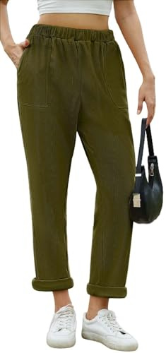 Joligiao Pantalon en Velours Côtelé Femme Pantalon Taille Élastiquée Haute avec Poches Pantalons Chic et Elegant Automne Hiver Décontracté Pantalons Thermique Couleur Unie Long Extensible et Léger