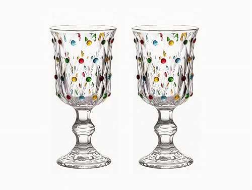 Weinkelch im Vintage-Stil, geprägte farbige Punkte, 200 ml | Bleifreie Trinkbecher aus Glas für Wasser, Saft, Cocktail, Hochzeit, Party, Bar und den täglichen Gebrauch, 2 Stück