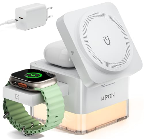 KPON Ladestation Apple Watch und iPhone für Magsafe, 3-in-1 Cube Induktive Ladestation mit Magsafe Ladegerät, Kompatibel mit iPhone 17 16 15 14 13 12 Air/Pro Max,für Apple Watch 11/10/9 (weiß)