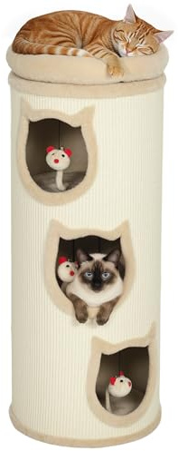 PawHut Tonneau à gratter 96 cm, Tour à griffer en sisal et Bord en Peluche, 3 Niveaux avec Plate-Forme, Arbre à Chat Stable pour Petits et Grands Chats, Parfait pour Griffes & Jeu, Ø 38 cm, crème