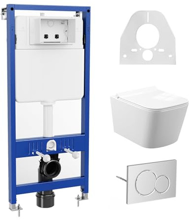 Vorwandelement WC Set Komplett – Höhenverstellbares Hänge-WC mit U-Form Sitz & Absenkautomatik, Spülkasten mit Schallschutz, Wassersparend (3/6L), 500kg Tragkraft – Weiß, Modern & Hygienisch