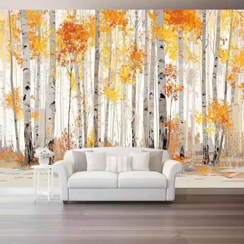 Générique 3D Panoramique Murale Forêt D'Automne Bouleaux - Papier Peint Intissé Pour Salon Enfant Chambre Décoration 200 x 140 cm, Jaune Murale Poster Tableaux Photo Muraux