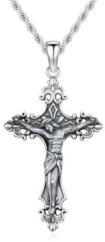 JFASHOP Vintage Cross Halskette für Männer Frauen Rose Blumen/Kreuz Kette Halsketten S925 Sterling Silber Religiöser Kreuz Anhänger Gothic Punk Jewelry