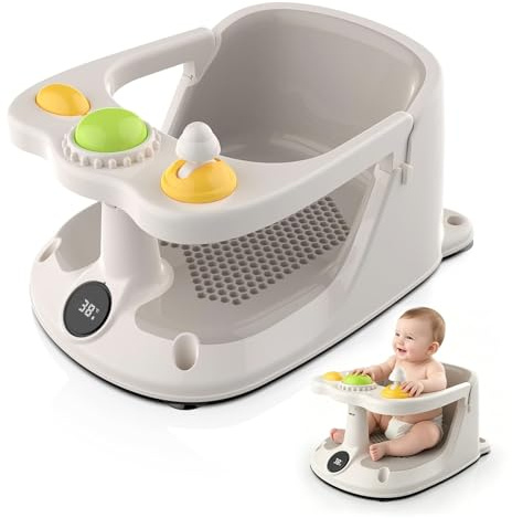 Baby Badewannensitz mit Echtzeit Temperaturüberwachung - Tragbarer Baby Bath Seat mit 4 Rutschfesten Saugnäpfen - Badesitz Baby ab 6 Monate Netzsitz-Design zur Verhinderung von Wasseransammlung
