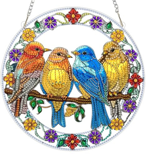 MOTGOM Diamond Painting Anhänger Buntglas und Vogel, Sonnenfänger Diamond Painting Fensterbilder, Hängendes Ornament Bastelset für Wand und Eingang Dekor 20x20cm