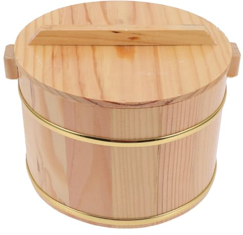 COLLBATH Wooden Rice Bucket with Lid Featuring Heat-Resistant Handles and Stainless Steel Liner, for Kitchen and Dining Room Steamed Rice Storage 7.9 Inch