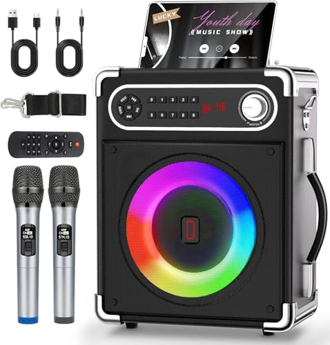 Karaoke Machine with 2 Wireless Microphones, Portable Bluetooth Speaker for Adults & Kids, PA System with LED Lights, TWS, Supports TF Card/USB, AUX in, FM, USB for Home Party Outdoor Gathering