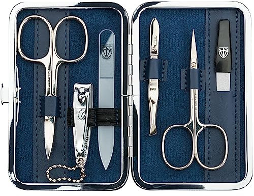 DREI SCHWERTER - Germany 6-tlg. Maniküreset 'Genova' | Nagelpflegeset in Textiletui Jeans Blau | Inhalt: Nagelschere, Hautschere, Nagelknipser, Glasnagelfeile, Pinzette, Saphirnagelfeile