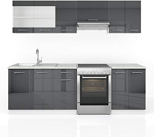 Vicco Küchenzeile Raul, Küchenblock, Anthrazit Hochglanz/Weiß, 240 cm, AP Marmor