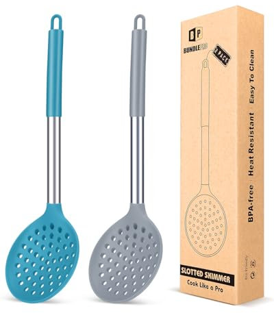 Set di 2 Schiumarola Silicone Alta Resistenza Al Calore, senza BPA, antiaderenti, per scolarli e friggere (grigio e blu)