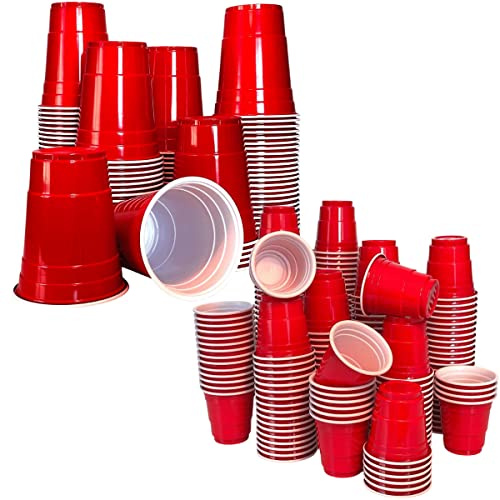 MYBEERPONG 100 Party Becher Set - 50 Rote 16oz Trinkbecher (473 ml) + 50 Schnapsbecher 16oz (49 ml)