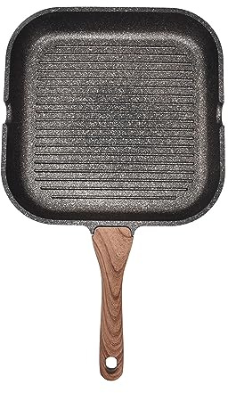 HERCHR Cast Iron Grill Pans for Stove Tops, Non-Stick Grill Pan with Wooden Handles Pre-Seasoned Skillet Pan, Griddle Pan for for Grilling, Frying, Sauteing(24cm)