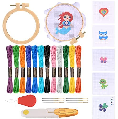 Anfänger Stickerei Set, Kreuzstich Set für Anfänger, Cross Stitch Kit, Embroidery Kit, Stickset für Anfänger mit Muster, Stickrahmen, Nadeln, Scheren, Sticken für Erwachsene, Kinder, Anfänger