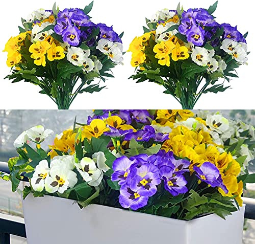 QIANYUN Künstliche Blumen für den Außenbereich, UV-beständig, künstliche Stiefmütterchen, Kunstblume, lose Kunstpflanzen, für den Außenbereich (6, weiß, gelb, violett)