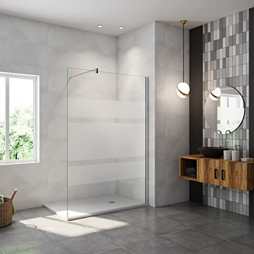 AICA paroi de douche à l'italienne 140x190cm en 6mm verre avec bandes horizontales sérigraphiées, livré avec barre de fixation 90cm en carré
