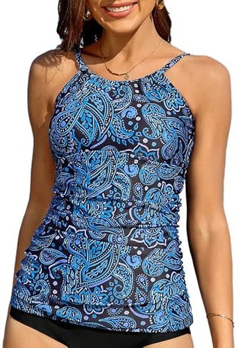 Charmo Women's Tankinis Top with Built-in Bra Swimsuit Blue Paisley L