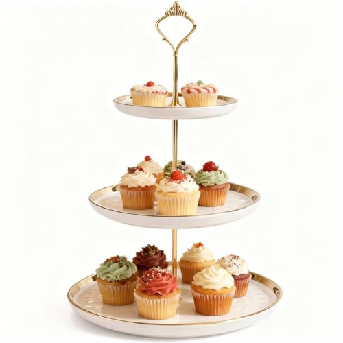 Petsoigné Cupcake-Ständer Keramik Kuchen Stand mit 3-Lagen Eingelegten Gold Tier Tables Obstteller für Couchtisch Dekoration, Cupcake und Teller Dessert Stand (Weiß)