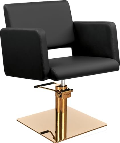AYALA Friseurstuhl LEA Polster schwarz für Kosmetik- und Friseursalon, Polsterarmlehnen, Hydraulikpumpe (Quadrat gold)