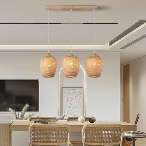 FWX Bambus Kronleuchter Retro handgefertigt Retro Esstischbeleuchtung Holzfarbe E27 x 3 Pendelleuchten handwerklicher Stil Design Restaurant Hotel Innendekoration Hängelampe Holzlampen