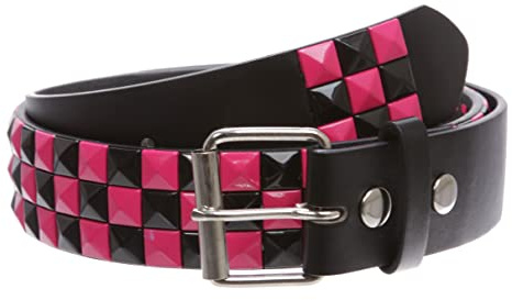 Beltiscool Snap On Punk Rock Star Pyramid Studded Checker Board Leather Belt, black/fuchsia | s 30-32