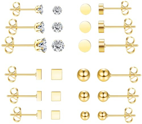 Dochais 12 Paar Ohrringe Set 316L Chirurgenstahl Steckerstift Ohrstecker Gold 14K Vergoldete Hypoallergene Edelstahl Ohrstecker Cubic Zirkonia Ohrstecker Set für Herren Damen Unisex