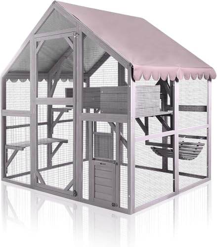 Wooden Catio Cat Enclosure Outdoor Kitty House Large Cat Run with Rainproof Small Shelter Indoor, Bridges, Roof Cover
