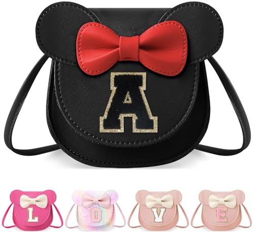 Little Girl Purses for Kids, Cute Black Mouse Ear Bow Crossbody Shoulder Bag, Personalized Initial Glitter Letter Coin Purse (Small, Black A)