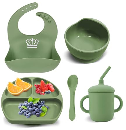 Set Pappa Svezzamento per Bambini, Piatto con Ventosa Ciotola in Silicone Tazza con Cannuccia Cucchiaio Bavaglino Senza BPA Set di Stoviglie, Adatta a Lavastoviglie e Microonde (1, Verde)