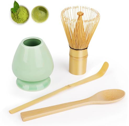 LWMTT 4 Piezas Matcha Kit, Batidor de Bambú de 80 Varillas, 2 Cuchara de Té, Porta Batidor, Matcha Set Perfecto para Regalos de Cumpleaños y Navidad