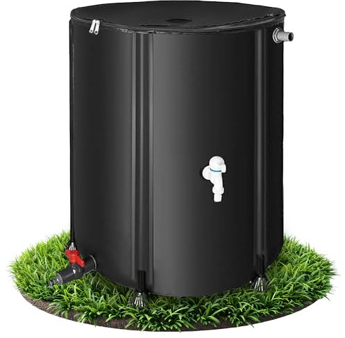 Melko Serbatoio dell'acqua piovana pieghevole con rubinetto, 51 x 50 cm, con protezione da troppopieno, con tubo dell'acqua da 2 metri con attacco per la pioggia, resistente alle intemperie