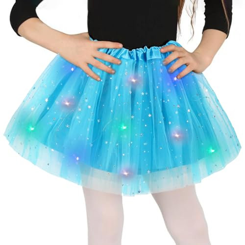 Tüllrock Mädchen Hellblau, Sterne Pailletten Tanzkleid, 30cm Dehnbaren Minirock Mit LED Lichter, kleine Mädchen Tütü Rock Ballettrock für Fasching Halloween Karneval, 3-8 Jahre Kinder Ballett Dress