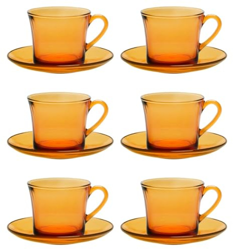 Acan Tradineur - Set de 6 tazas de vidrio con plato, modelo Lys, tacitas para café, té, infusiones, diseño clásico, aptas para lavavajillas (Ámbar - 18 cl)