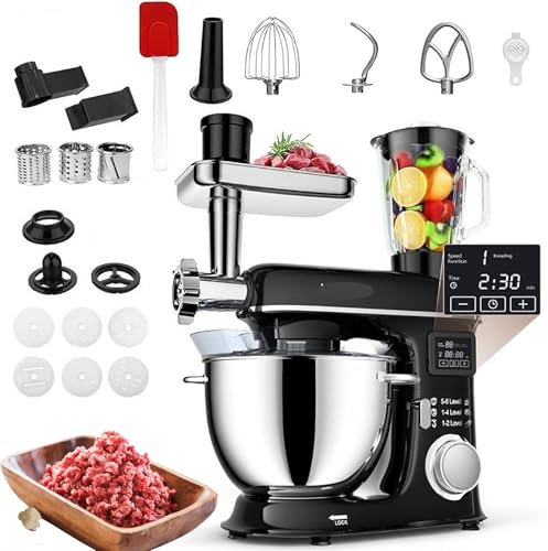 8-IN-1 Electric Stand Mixer,8L Fermentation LED Display Kitchen Mixer with Dough Hook,1.5L Glass Jar, 6 Speed Tilt-Head with Stainless Steel Bowl, Meat Grinder, Dough Hook, Whisk, Pasta Attachment