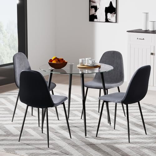 Moderno juego de mesa de comedor redonda de cristal con sillas de terciopelo, 4 piezas para espacios pequeños, juego de muebles de cocina en color gris