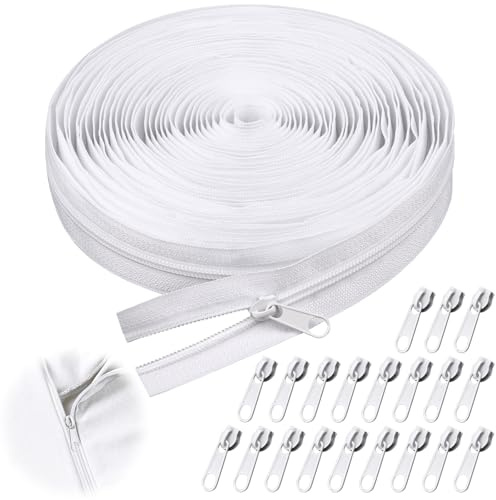 KILDOWS Fermeture à Glissière Sans Fin, 10M Fermeture Éclair au Mètre Blanche Fermetures Eclair en Nylon avec 20 Curseurs en Métal pour Bricolage Sac Couture de Vêtements Linge de Lit Artisanat