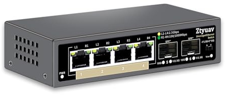 Ztyuav 6 Port Unmanaged 2.5G Ethernet Switch with 4 x 2.5G RJ-45 Base-T Ports, 2 x 10G SFP+, Ports Speed Auto-Negotiation-100/1000/2500Mbps, One-Key VLAN, Plug & Play, Fanless & Metal