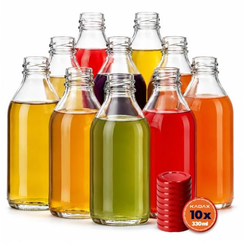 KADAX tomma glasflaskor 0,33 l med skruvlock, set med 10 stycken, juiceflaskor, små flaskor för fyllning för mjölk och juice och smoothies (röd)