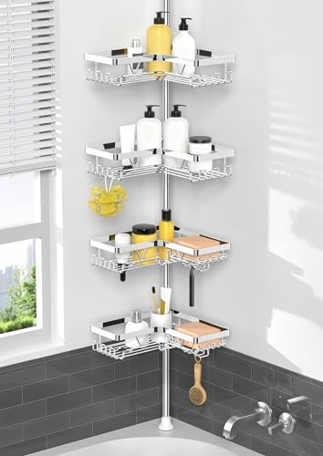 KEGII Teleskop Duschregal Chrome - Duschablage Ohne Bohren 4 Stück | Teleskopregal Eckregal, für Bad und Badewanne, Einfache Montage, Höhenverstellbar, Mit Haken/Seifenhalter/Rasiererhalter