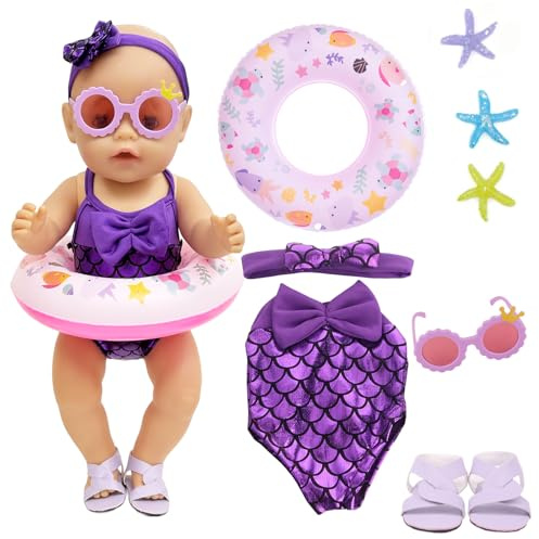 Sjöjungfru simset för 14–18 tums dockor, 8 stycken babydockor baddräkt outfits med docka baddräkt simring solglasögon skor sjöstjärna för 35–45 cm nya babydockor