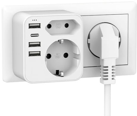 Zelkan Ladron Enchufes con USB C - Regletas Enchufes 2 Tomas de Corriente en Vertical - Regleta con Enchufe Multiple para Pared sin Cable - Base enchufes Multiple - Blanco