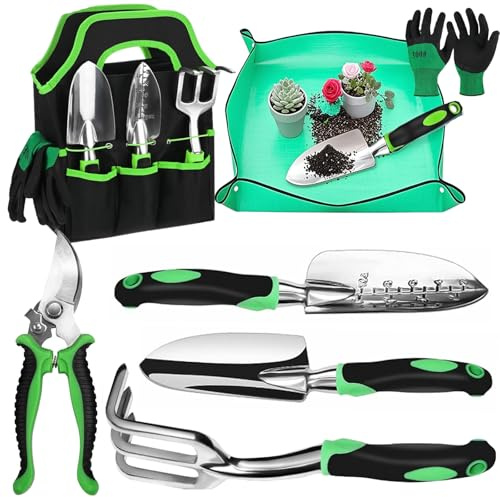 Herramientas de jardín, juego de 7 herramientas manuales de jardinería, juego de regalo de aleación de aluminio ligero a prueba de óxido con bolsa de almacenamiento duradera, mango ergonómico