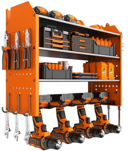 JIUNENG Support mural à 4 niveaux, rangement pour 5 outils électriques, perceuse à percussion, porte-outils pour garage et atelier, orange