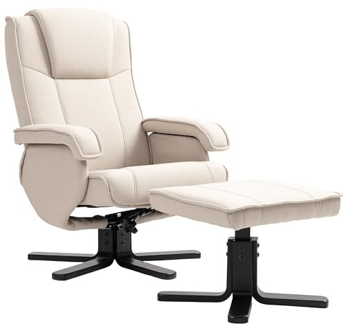 HOMCOM Sillón Relax Reclinable con Reposapiés Butaca de Salón Giratoria Tapizado en Lino con Base de Madera Butaca para Dormitorio Sala de Estar Beige