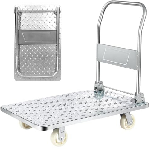 Carro Plataforma con Ruedas. Carretilla Plegable de Carga 400kg. Carrito Plataforma de Mano, Transporte Anticolisión para Mudanzas, Almacén. Acero Titanio.