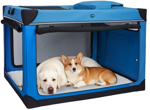 Ownpets 122 cm XXL Klappbarer Hundekäfig für Große Hunde, Blau | 4-Türiger mit Robusten Netzfenstern und Weicher Matte