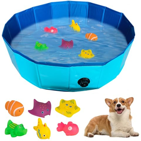 Faltbar Hundepool für Große & Kleine Hunde,80x20cm Katzenpool mit 6 Fischen Spielzeug,PVC rutschfeste Schwimmbecken für Hunde,Planschbecken für Haustiere,Hundebadewanne,Wasserspielzeug Minipool