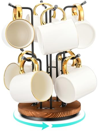 HULISEN 360° Rotating Mug Tree, Coffee Mug Holder for Large Cups, 8 Hooks | Cup Holder for Countertop, Stable Wooden Base, Space-Saving Coffee Bar Metal Rack Stand, Kitchen Counter Decor