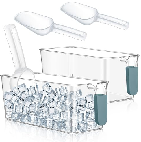 Havawish Ice Storage Bin and Flexible Scoop Set Plastic Freezer Bin with Pull out Handle Storage Bucket Clear for Container with Scoop(Dark Blue,10.83 x 4.92 x 4.33 in,Classic)