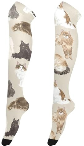 Funny Norwegian Safari Cats Beige Tube Socks for Women Cute Long Thigh High Socks for Brides for Parties Shoe Size 5-8/8-11