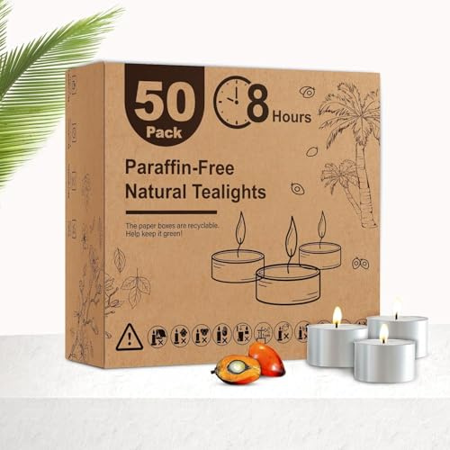 Ashlux Tealjus 50-pack – Ljus av naturlig palmvax, utan paraffin, 8 timmars brinntid – vita, rökfria och droppfria, perfekta för bröllop, fester, middagar och meditation